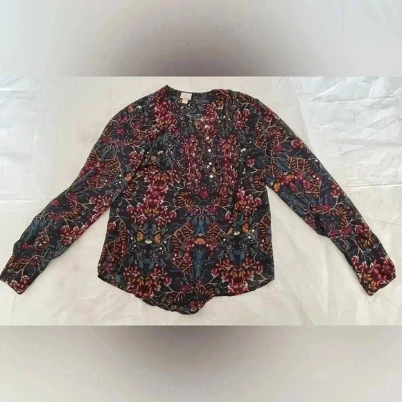 Converse One Star  Size L Blue Floral Blouse Popover Shirt Top Semi Sheer - Picture 11 of 11